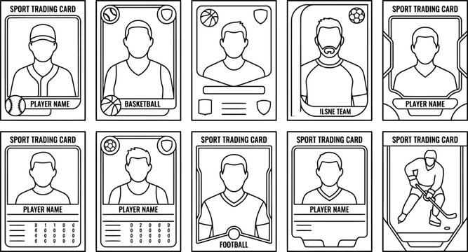 Set of sport trading cards with various athletes and sports equipment