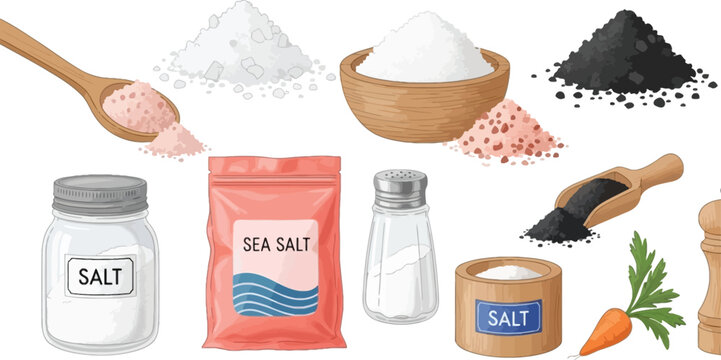 Salt and Seasoning Vector Set with Sea Salt, Black Salt, Powder, Shaker, Wooden Container and Kitchen Ingredients for Cooking and Food Illustration