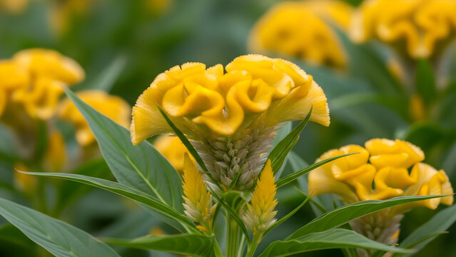 Vibrant yellow flowers bloom in garden with green leaves and ruffled petals
