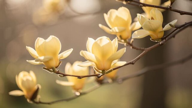 Beautiful yellow magnolia flowers blooming on tree branches in soft natural light background