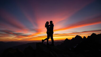Obraz premium Couple embracing on mountain peak at vibrant orange and purple sunset with dramatic cloudy sky and rugged landscape