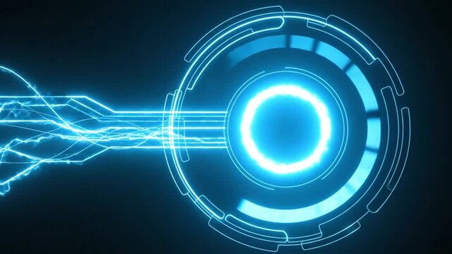 Glowing blue data streams flow into a futuristic circular interface on a dark abstract background