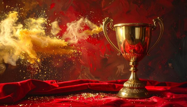 A shiny gold trophy on a red fabric with smoke and glitter