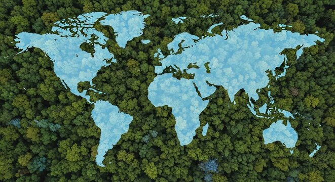 Aerial view of world map on lush green forest background