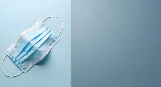 A blue surgical face mask on a light blue background for health and medical concepts