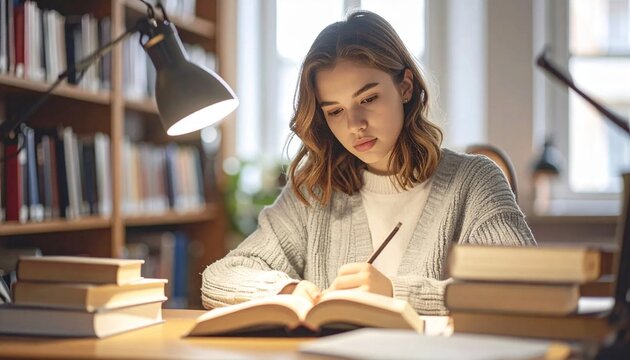 Focused young woman studying in a library, surrounded by books and illuminated by a desk lamp.