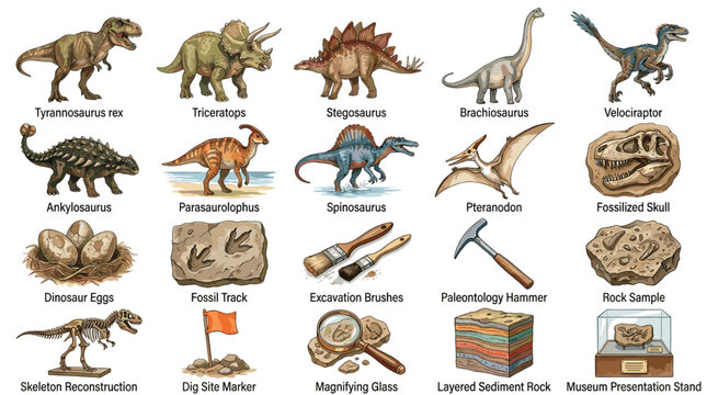 Educational dinosaur collection with labeled prehistoric species fossils eggs bones tools and excavation objects for science and museum design