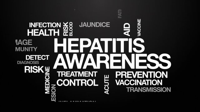 Hepatitis awareness concept Animated Tag Word Cloud kinetic typography, Text Design Animation typography seamless loop video motion graphics Intro Wordart arrangement white type on black background bg