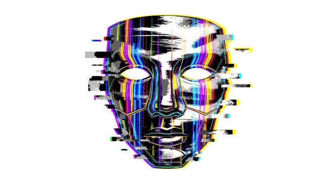 Glitch art mask, digital distortion, abstract face, futuristic technology, cyber aesthetic