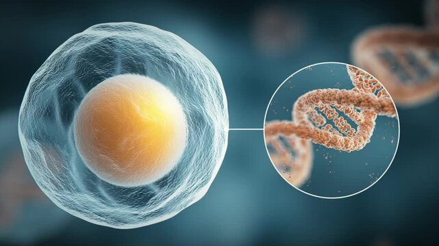 An egg cell under a microscope and next to it in a circle are genes or a DNA particle