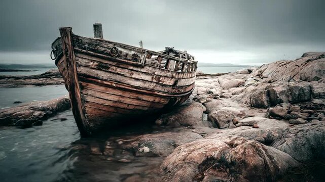 Abandoned ship resting on rocky shore under gray sky