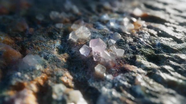 Crystals on a rocky surface closeup.