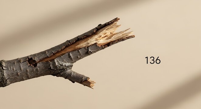 Broken tree branch on beige background.