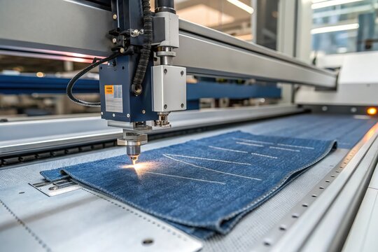 A machine is cutting blue denim fabric