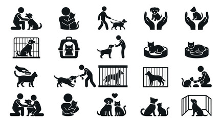 Fototapeta premium Pet Care and Animal Welfare Glyph Icons: Dog, Cat, Adoption, Shelter, Ownership