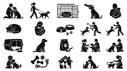Obraz premium Pet Care Animal Welfare Glyph Icons Set. Black White Silhouettes of Pet Ownership