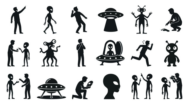 Extraterrestrial Science Fiction Glyph Icons: Alien, Human  UFO Silhouettes Set