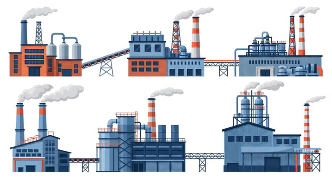 Industrial factory buildings with smoke stacks emitting pollution.