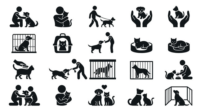 Pet Care and Animal Welfare Glyph Icons: Dog, Cat, Adoption, Shelter, Ownership