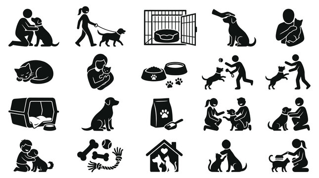 Pet Care  Animal Welfare Glyph Icons Set. Black  White Silhouettes of Pet Ownership