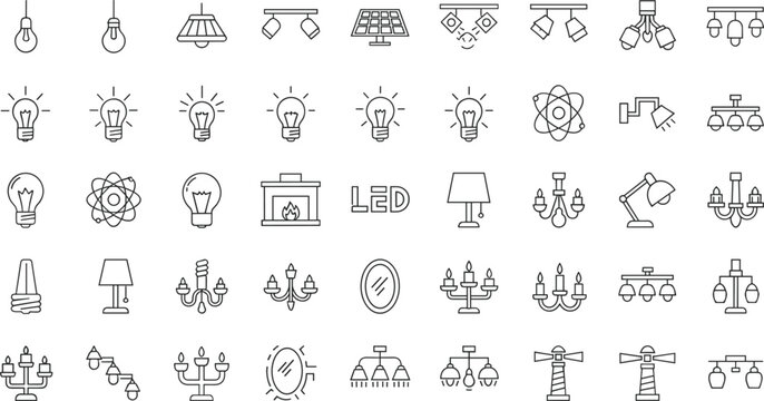 Minimal Lighting Line Icon Set Including Light Bulbs Chandeliers Lamps LED Fixtures Ceiling Lights and Illumination Symbols