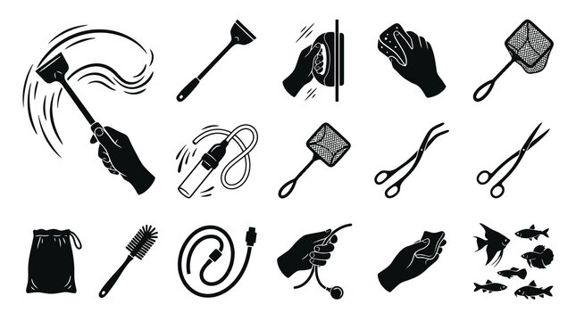 Aquarium Cleaning Tools and Fish Glyph Icons Set. Pet Tank Maintenance Equipment Silhouette Vector