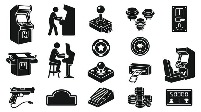Black  White Glyph Icons Set of Arcade Gaming Machines and Retro Video Game Elements