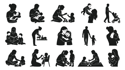 Obraz premium Family Parenting Silhouettes Set - Mother, Father, Baby, Child Care Icons Glyph Style