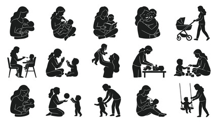 Obraz premium Motherhood Black and White Silhouettes: Nurturing, Care, Family Love Icons