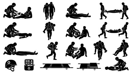 Obraz premium Military Emergency First Aid and Rescue Medical Silhouette Glyph Icons