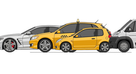 Fototapeta premium Various cars sedan taxi hatchback and van isolated on white background