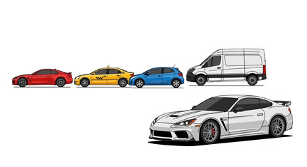 Naklejka premium Various colorful car illustrations for transportation and automotive design