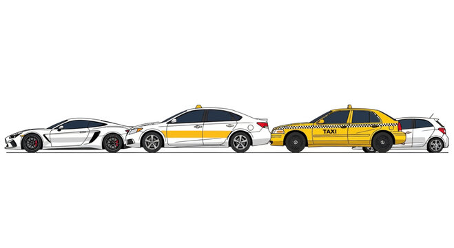 Various cars in a row with white background for transportation concepts