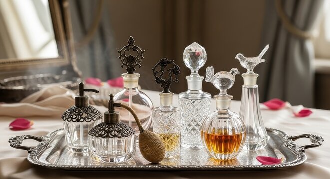 Collection of antique glass perfume bottles with ornate stoppers displayed on a silver tray