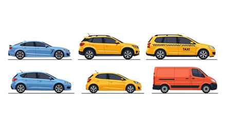 Fototapeta premium Various colorful modern vehicle illustrations against a clean white background