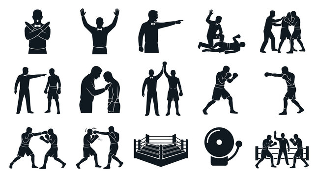 Boxing Sport Glyph Icons: Boxers, Referee, Ring, Bell. Combat Training Silhouettes.