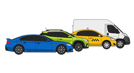 Obraz premium Various colorful vehicles isolated on white background for transportation concepts