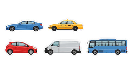 Fototapeta premium Various colorful vehicles isolated on white background for transportation concepts