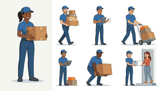 Delivery worker carrying boxes and packages in different poses. Flat vector set showing courier service, shipping tasks, and customer delivery interaction.