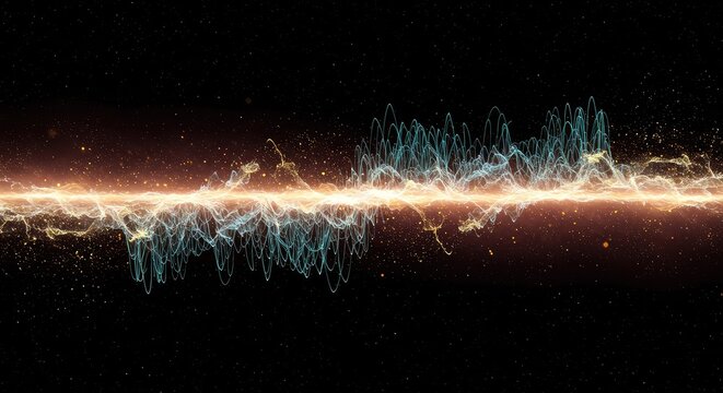 Complex glowing abstract field showing subatomic energy patterns forming a rhythmic, pulsating wave structure in deep space, motion, fractal, design