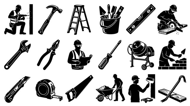 Construction Tools, Workers  Building Elements Icons Set - Black  White Silhouette