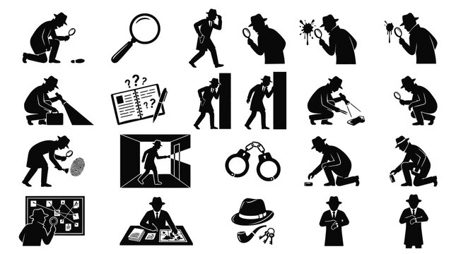 Detective Icons: Silhouette of Investigator, Magnifying Glass, Clues, Crime Scene