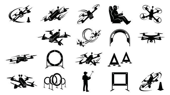 Drone Racing Icons: Quadcopters, Gates, Pilot, Course Elements, Black White