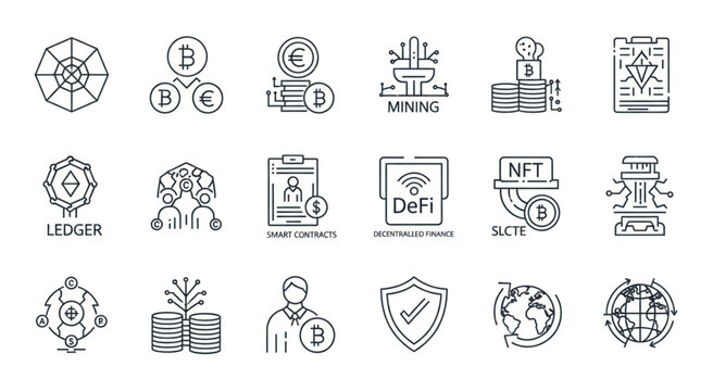 Cryptocurrency and Blockchain Technology Icons Representing Digital Finance and Innovation.
