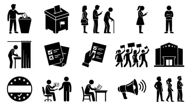 Political Election Voting Process Black and White Glyph Icons Set