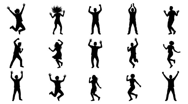 Celebration Concepts: Happy Jumping and Dancing People Silhouettes Vector Art Set