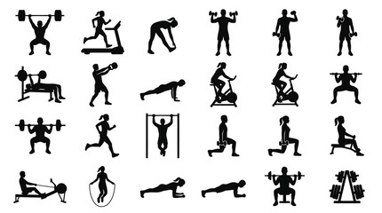 Obraz premium Fitness Gym Workout People Silhouettes Black Vector Icons Set