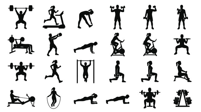 Fitness Gym Workout People Silhouettes Black Vector Icons Set