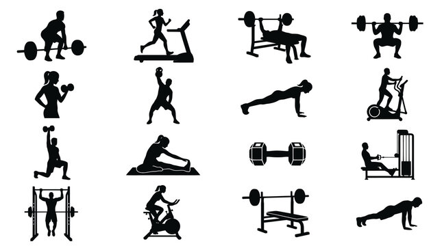 Fitness Icons Set: Black  White Silhouette Vector Graphics for Health and Exercise