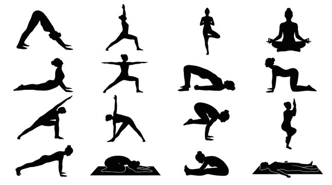 Diverse Yoga Poses Silhouettes Black and White Vector Art